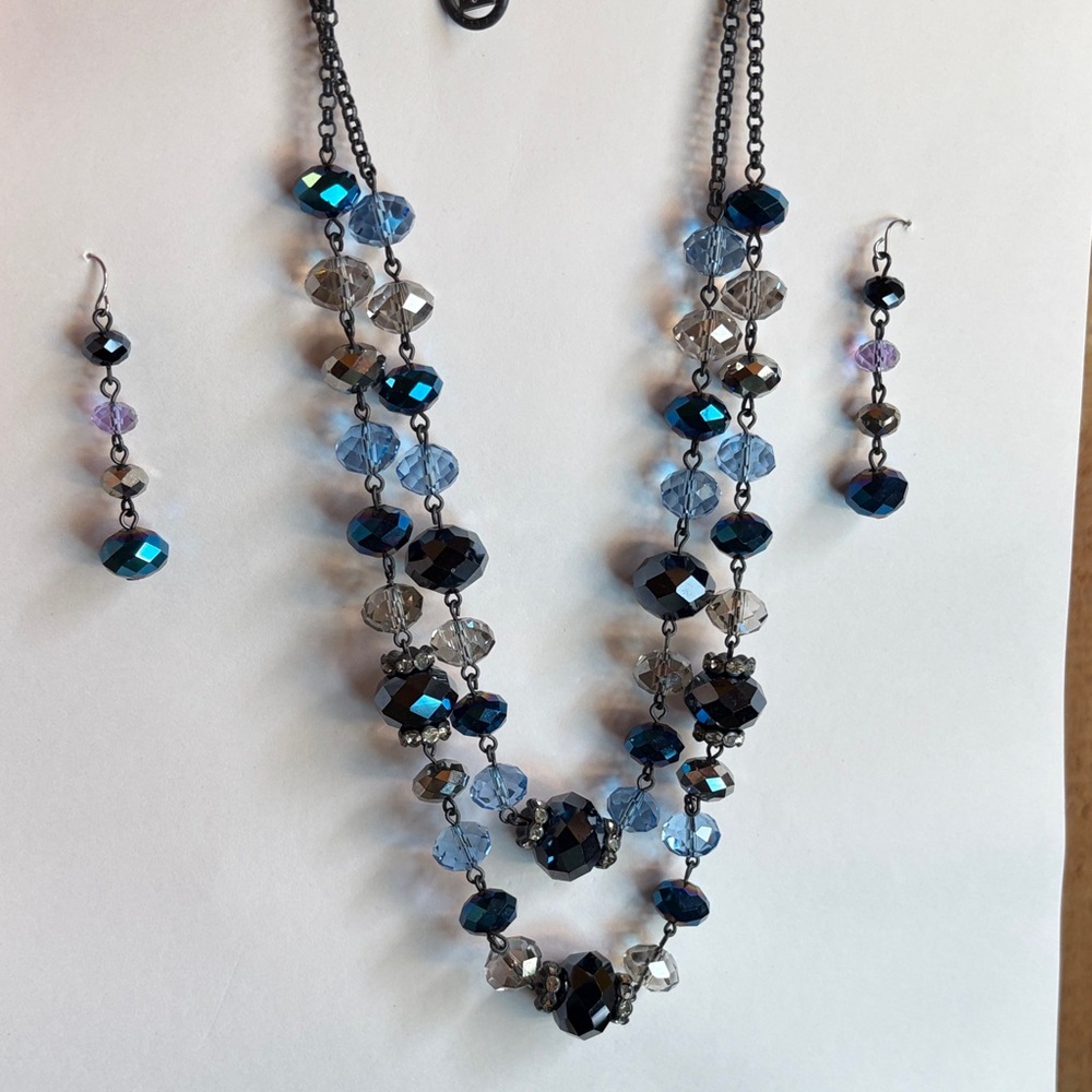 Blue and Gray Faceted Bead Double-Strand Necklace with Matching Earrings